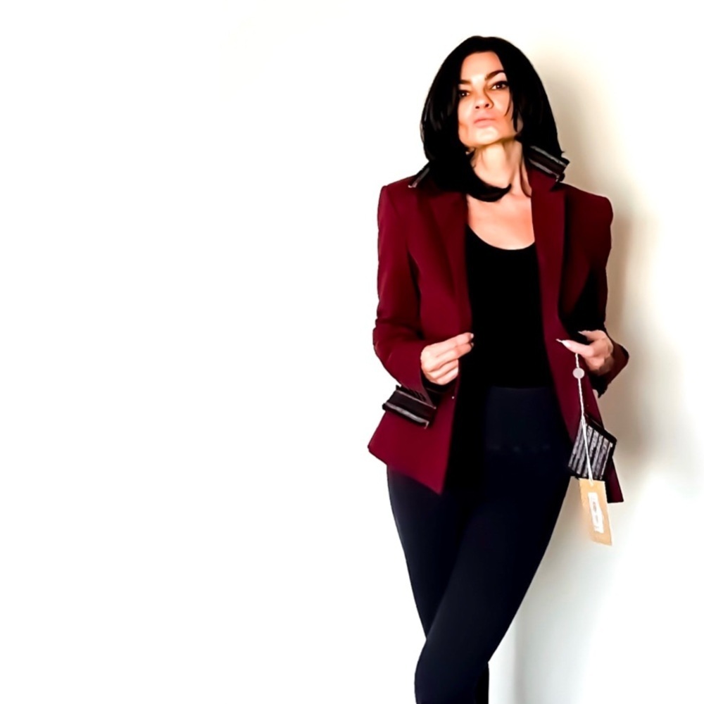 Galliano Burgundy Logo Blazer with Embellished Collar & Faux Pockets Size 40 NWT
